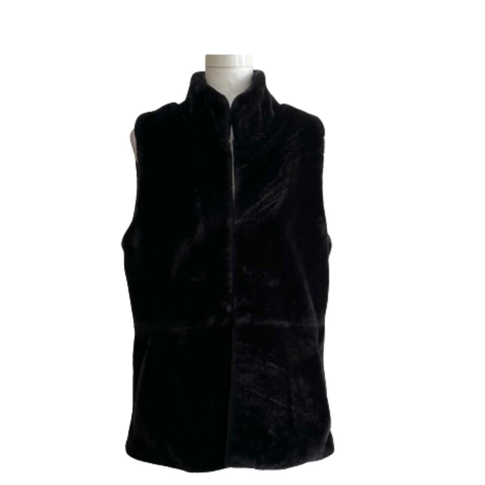 Talbots Womens Vest Coat Black Plush Faux Fur Pockets Lined Vest Size S/M